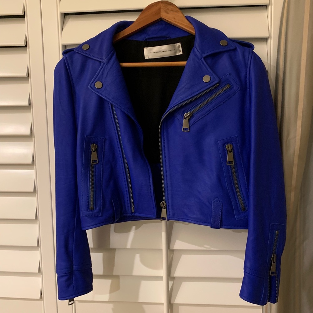 Blue Leather Crop Coat NEW